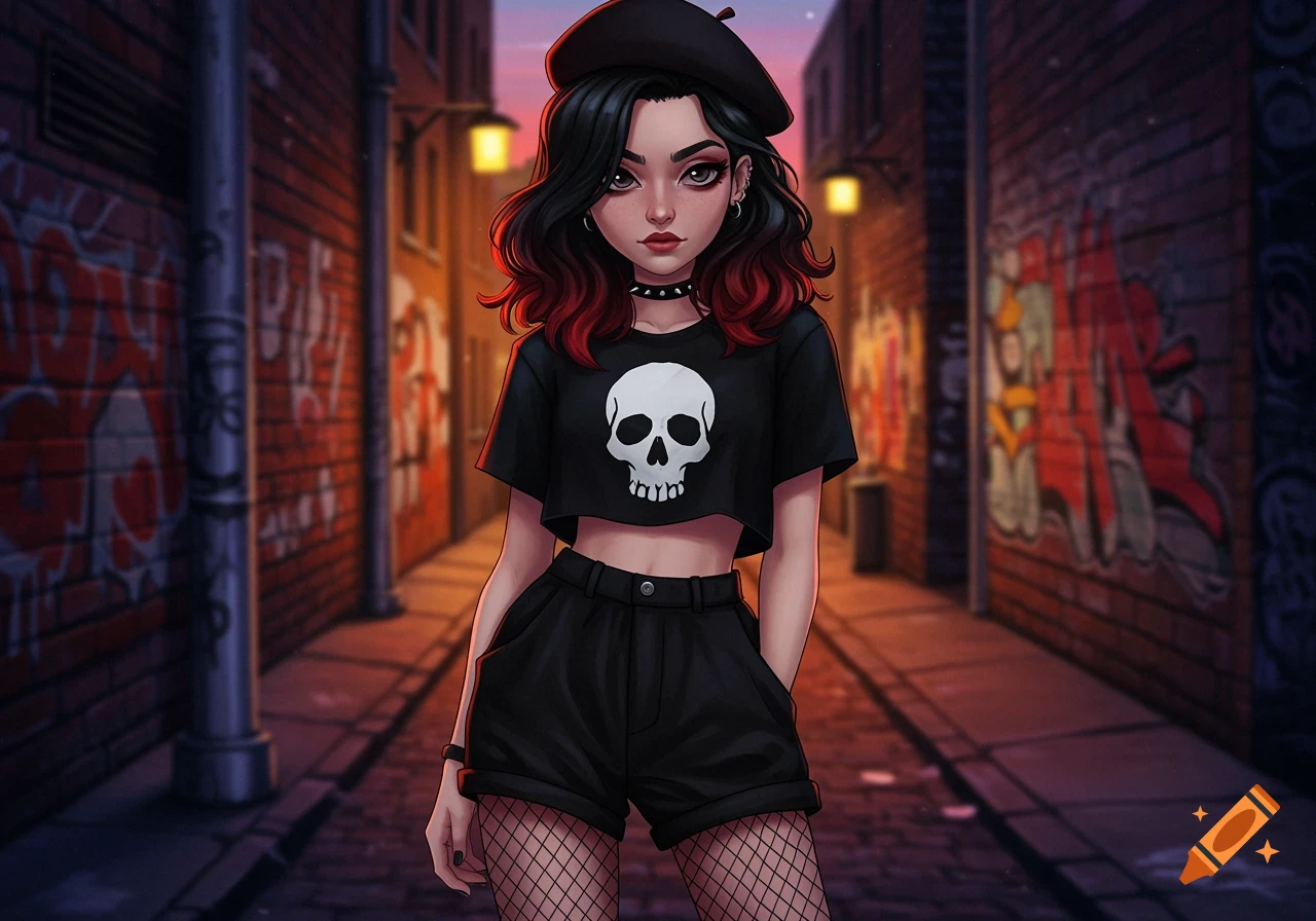 A stylized anime girl with red-highlighted black hair, wearing a black beret, skull crop top, shorts, and fishnets, stands in a graffiti-covered alley.