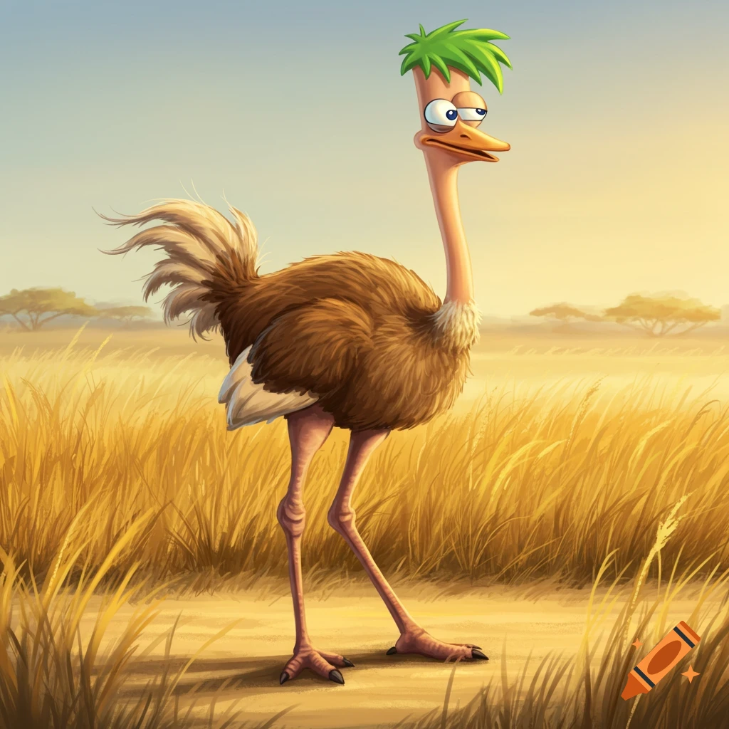 Cartoon ostrich with Ferb's head standing in a sunny, grassy savanna.