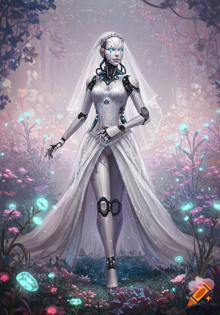 A humanoid robot bride in a white wedding gown stands in an enchanted forest with glowing blue and pink flowers, digital art.