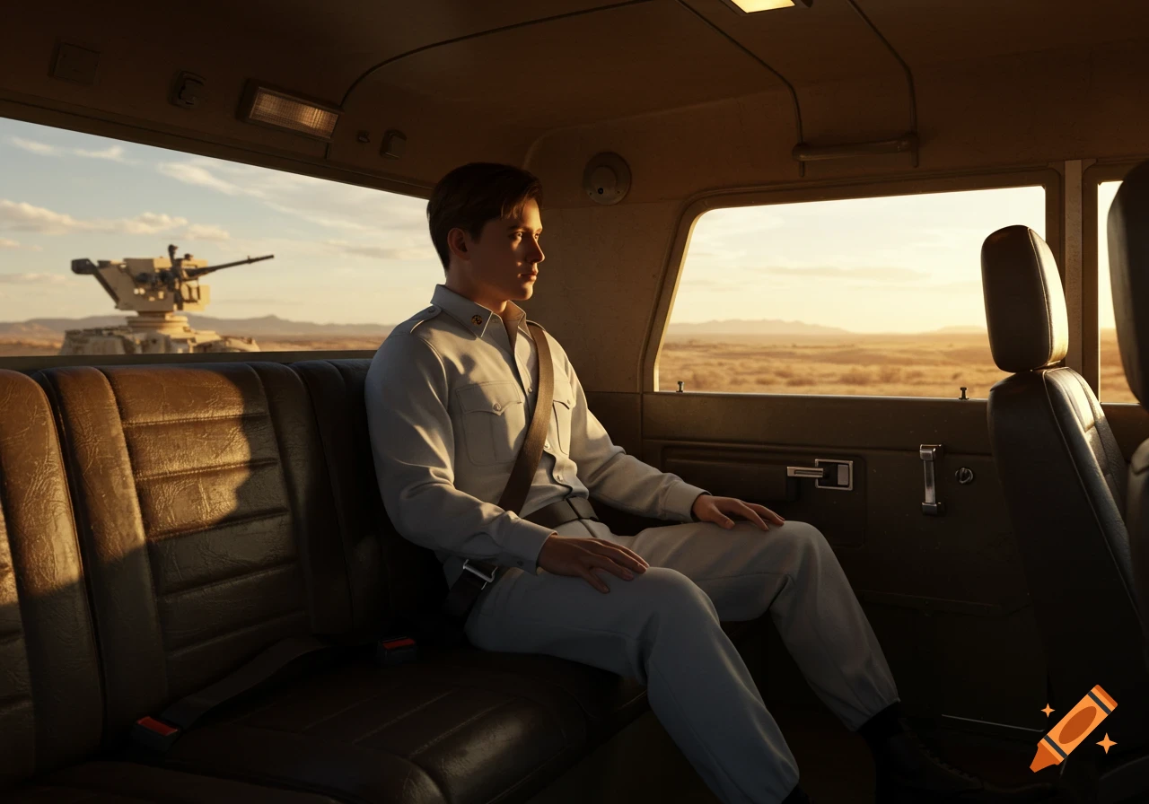 Young man in a uniform sitting in the back seat of a military vehicle, looking out at a desert landscape with a tank.