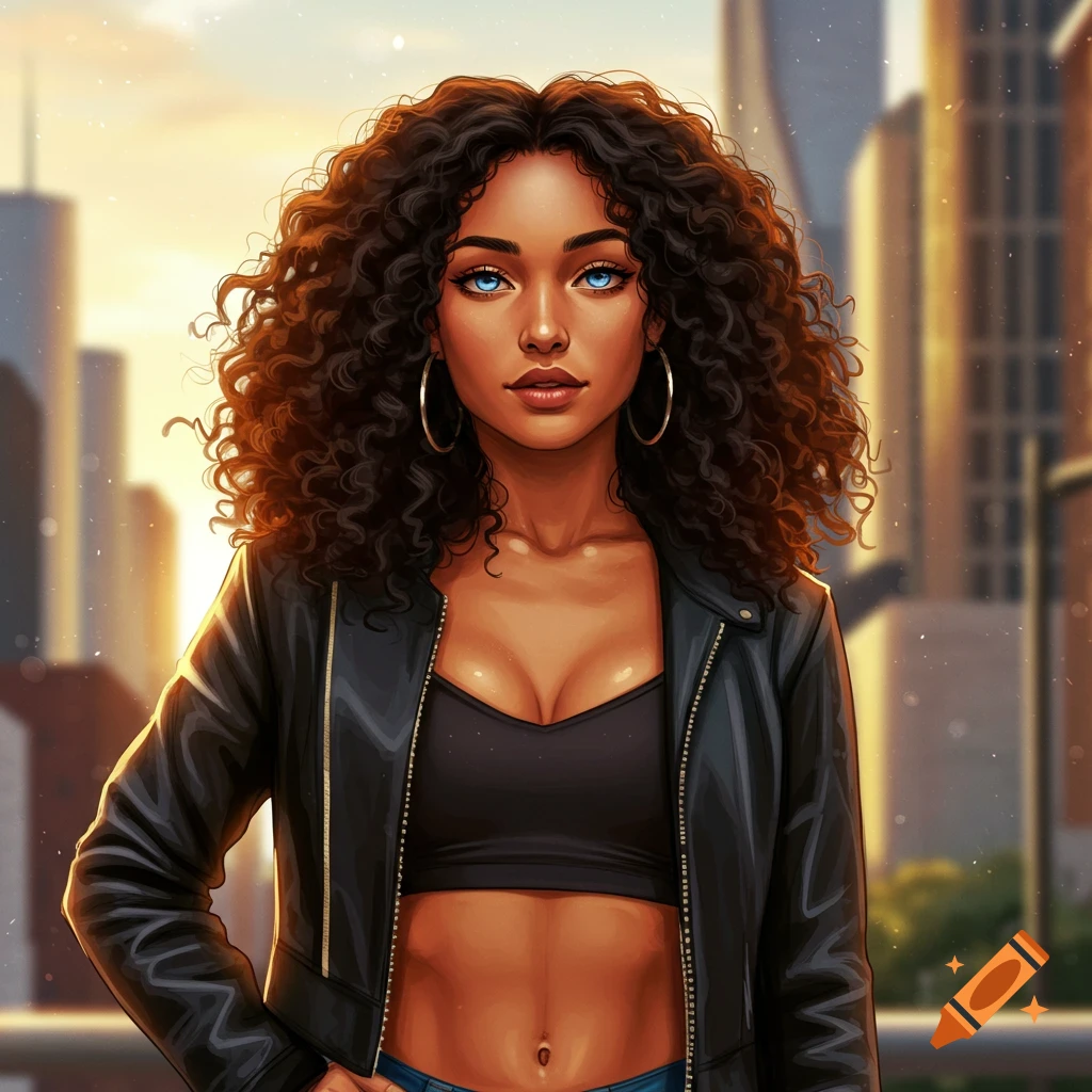 Illustrated portrait of a woman with dark curly hair, blue eyes, black crop top, and leather jacket, set against an urban sunset.