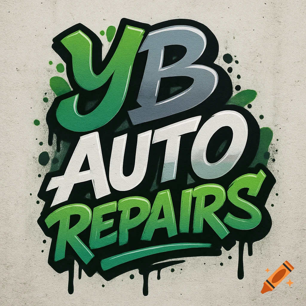 Graffiti style logo for YB Auto Repairs with green, grey, and white letters, black outlines, and paint drips on a light background.