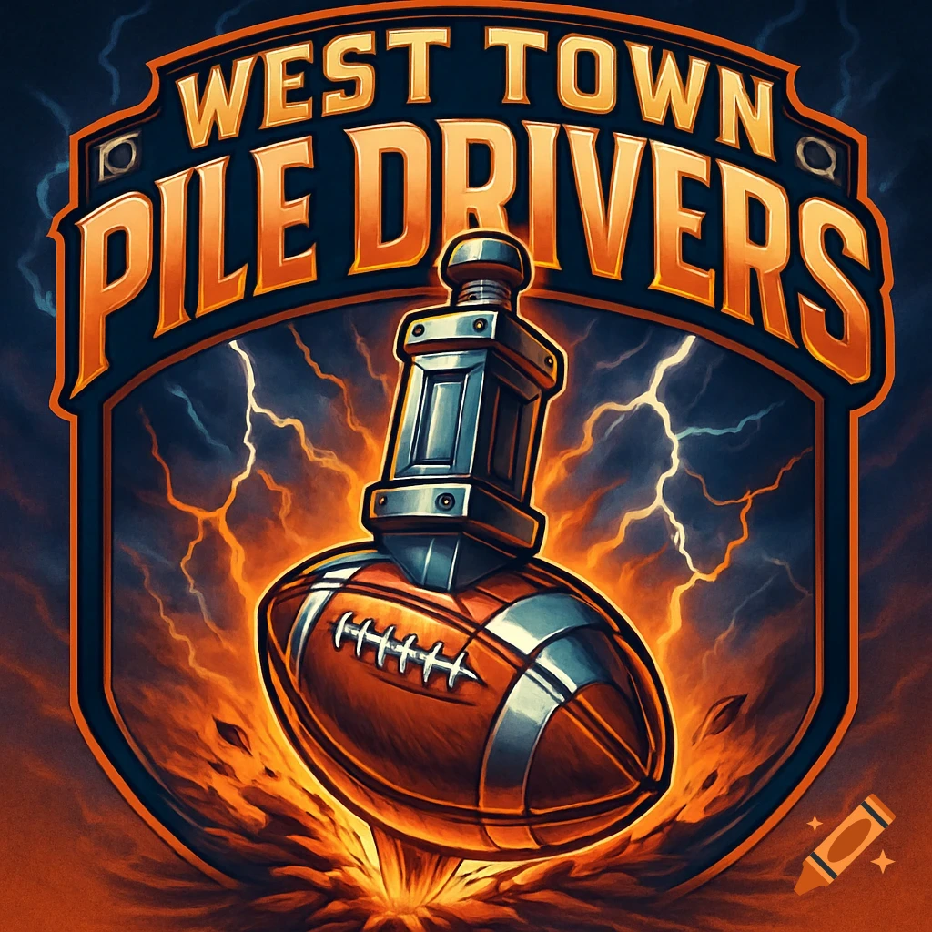 West Town Pile Drivers logo featuring a football hit by a pylon, set against a background of orange energy and blue lightning.