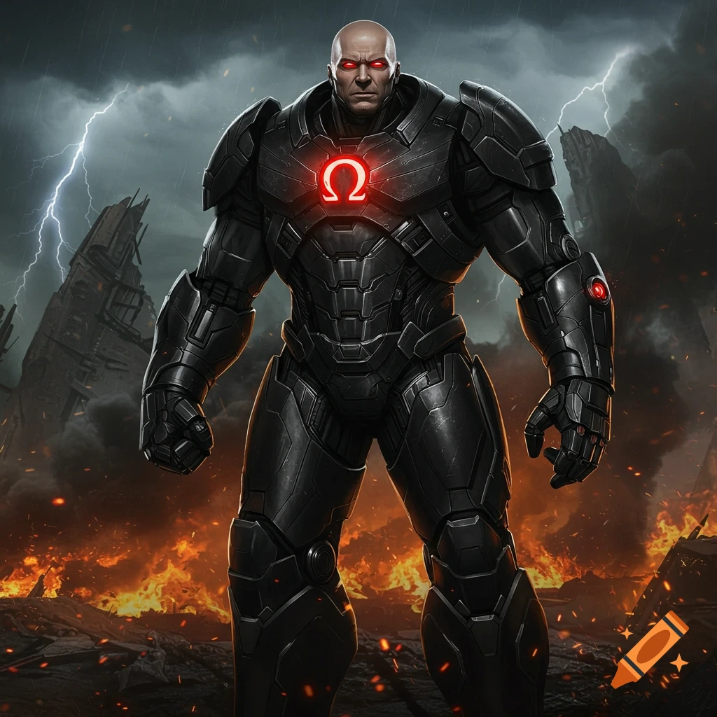 Lex Luthor in black battle armor with a glowing red omega symbol on his chest, standing amidst lightning and fire in a ruined city, in a comic book art style.