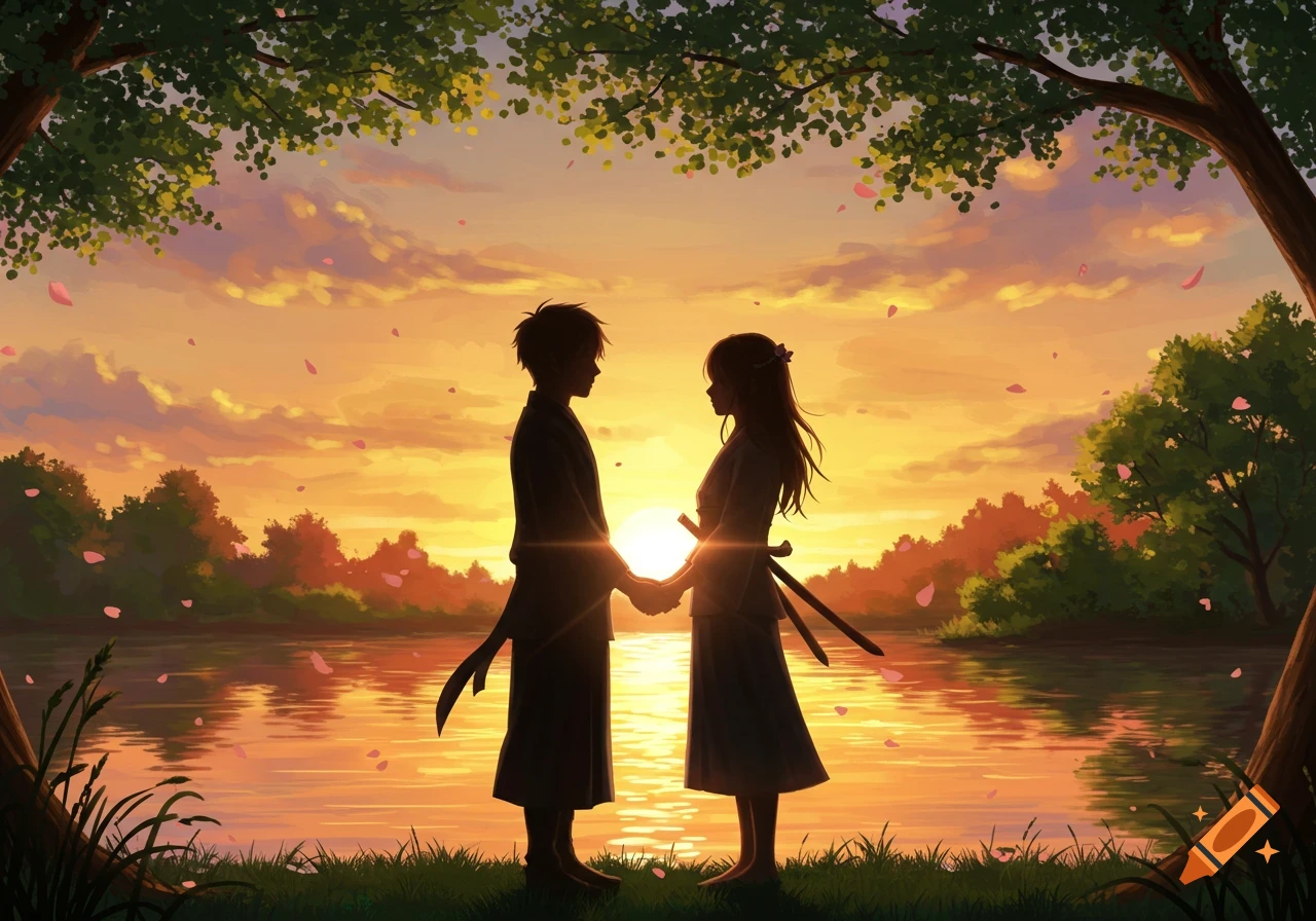 Anime style silhouetted couple holding hands by a lake at sunset, framed by tree branches and falling pink petals.