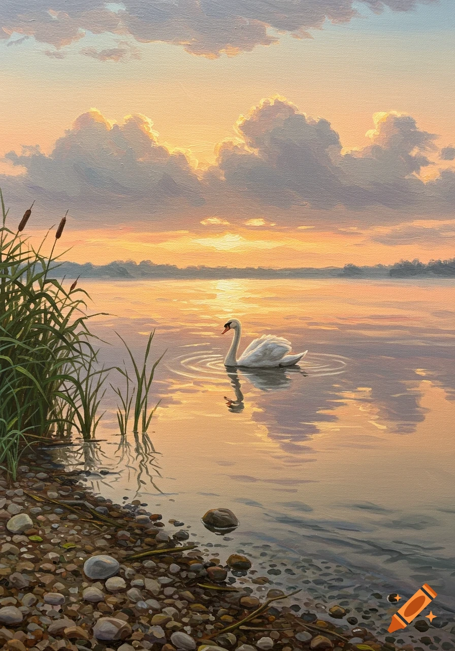 Oil painting of a white swan floating on a calm lake at sunset, with reeds in the foreground and a pebbly shore.