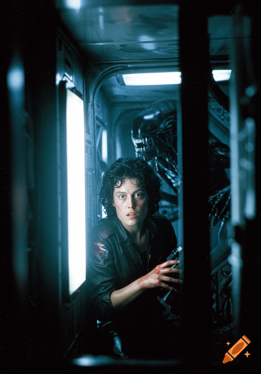 Ripley, a woman with dark curly hair and a dark jacket, crouches in a spaceship corridor, looking terrified with blood on her hand. Behind her, a Xenomorph lurks in the shadows.
