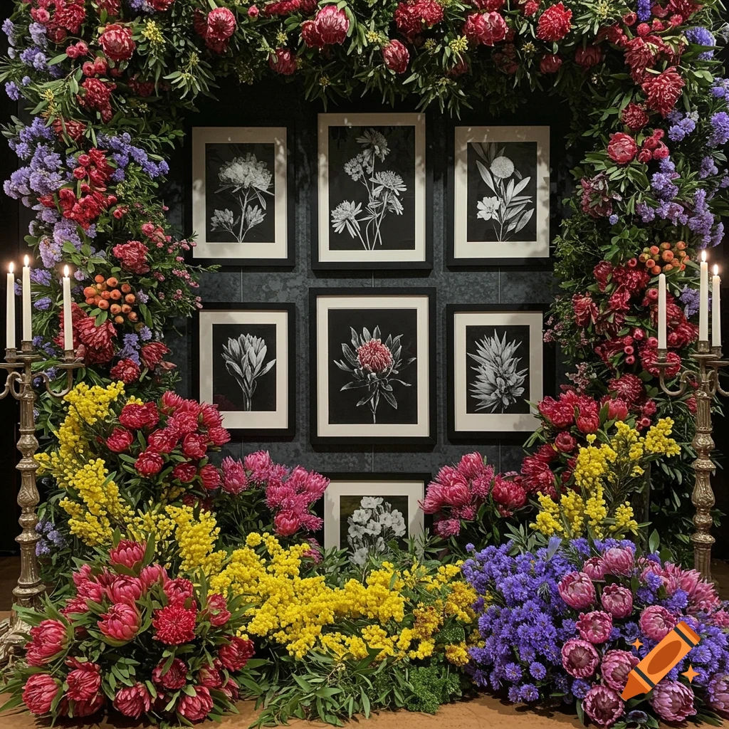Lush floral arrangement featuring red, yellow, and purple flowers, framed black and white botanical prints, and lit candelabras.