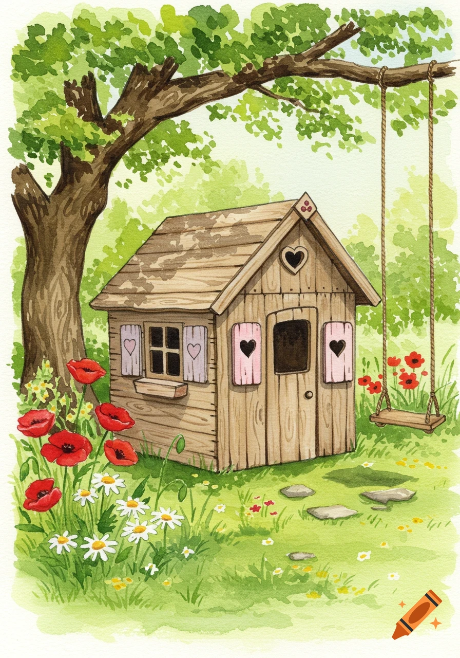 Watercolor illustration of a wooden playhouse with heart details, a swing on a tree, and red poppies in a green garden.