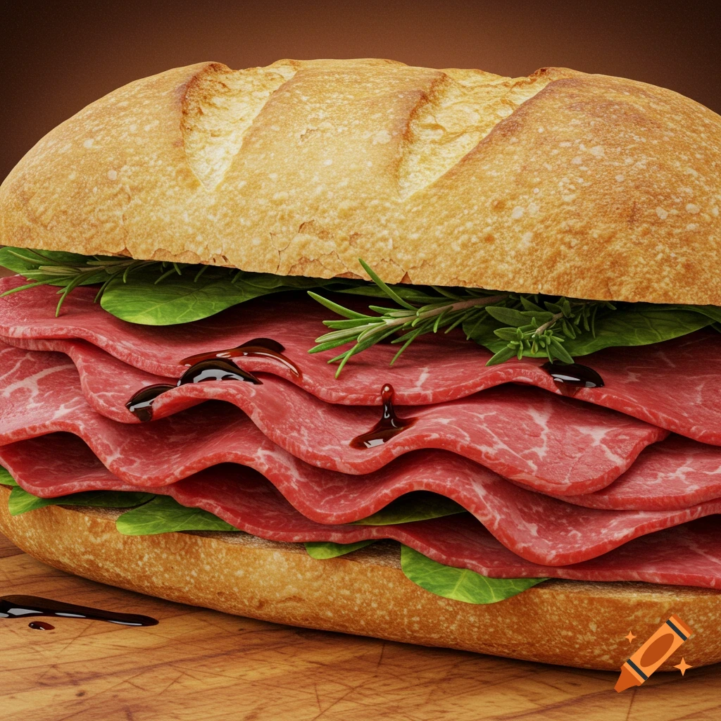 Photorealistic sandwich with layers of rare roast beef, green lettuce, rosemary, and dark sauce on a baguette.