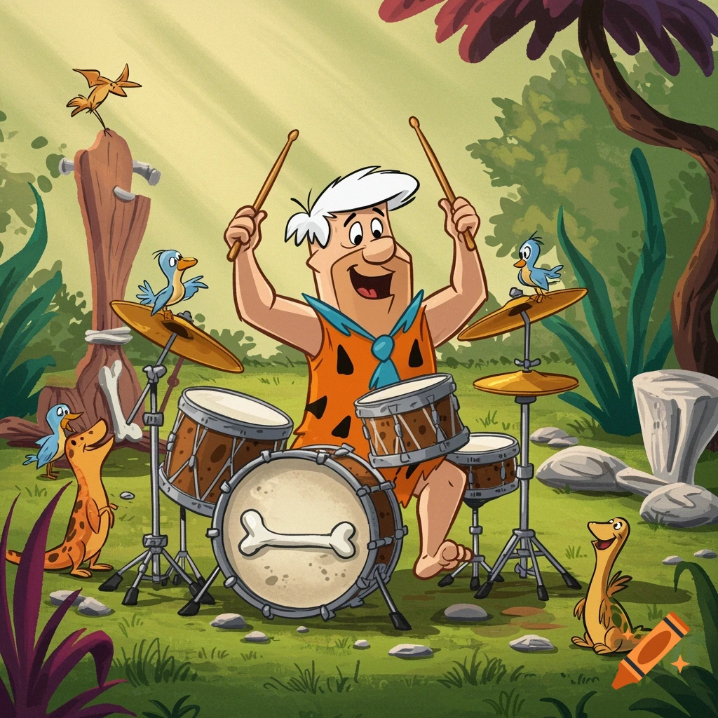 Fred Flintstone happily playing a bone-themed drum set in a cartoon jungle clearing with birds and dinosaurs.