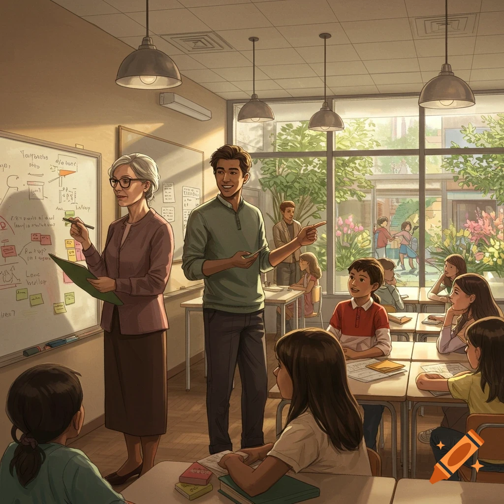 An illustration of a diverse group of teachers and students in a sunlit classroom, with two teachers at the front and students seated at desks.
