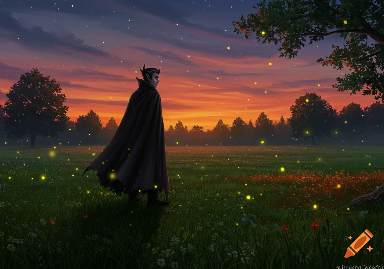 A horned figure in a black cloak stands in a firefly-lit field at sunset, looking right. Fantasy digital painting.