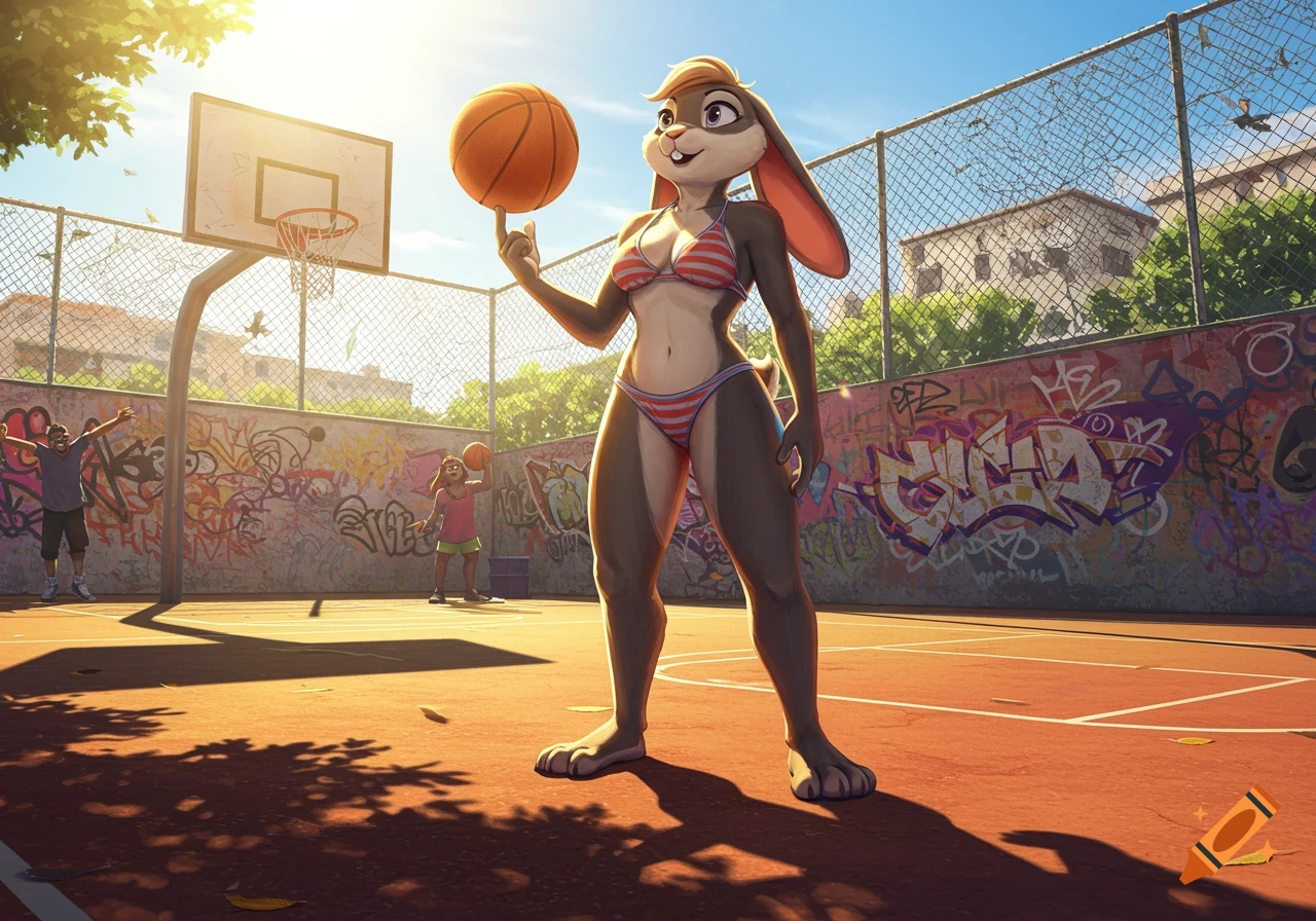 A cartoon anthropomorphic female rabbit in a bikini balances a basketball on her finger on an outdoor court with graffiti.