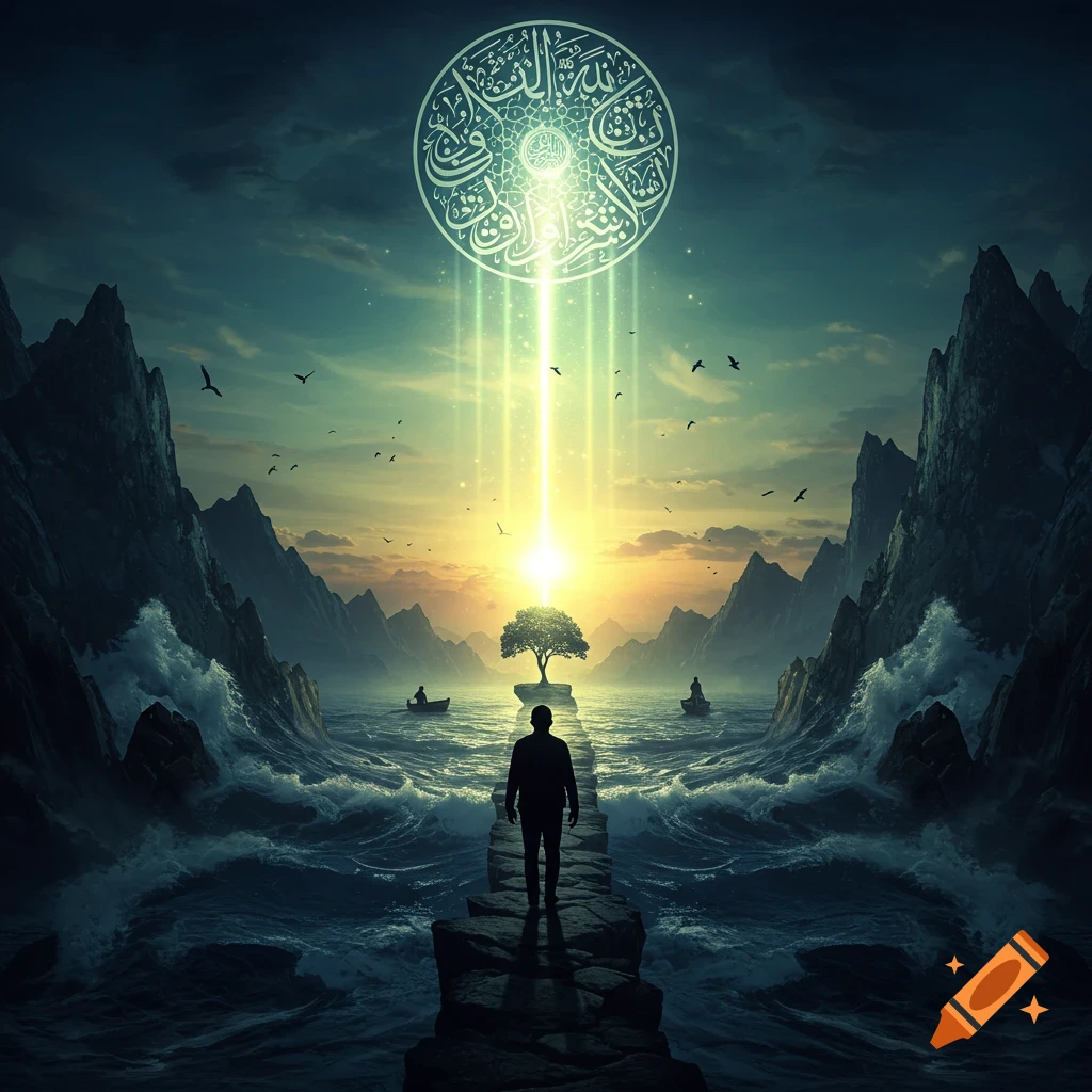 Figure on a rocky path facing a glowing tree, sunrise over stormy sea with mountains, Islamic calligraphy circle in the sky.