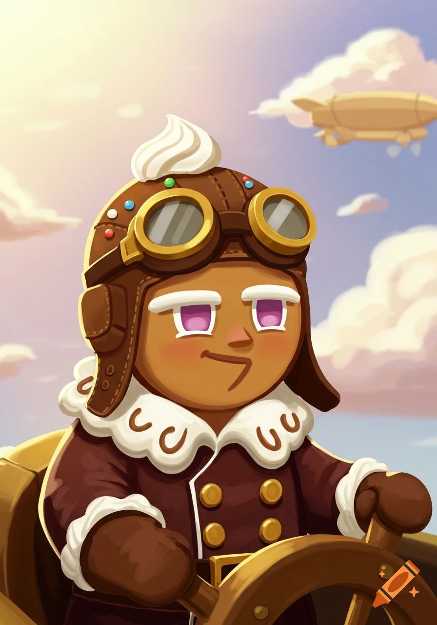 Cartoon illustration of a brown cookie character, Pilot Cookie, in a brown pilot's hat and goggles, smiling in the sky with an airship.