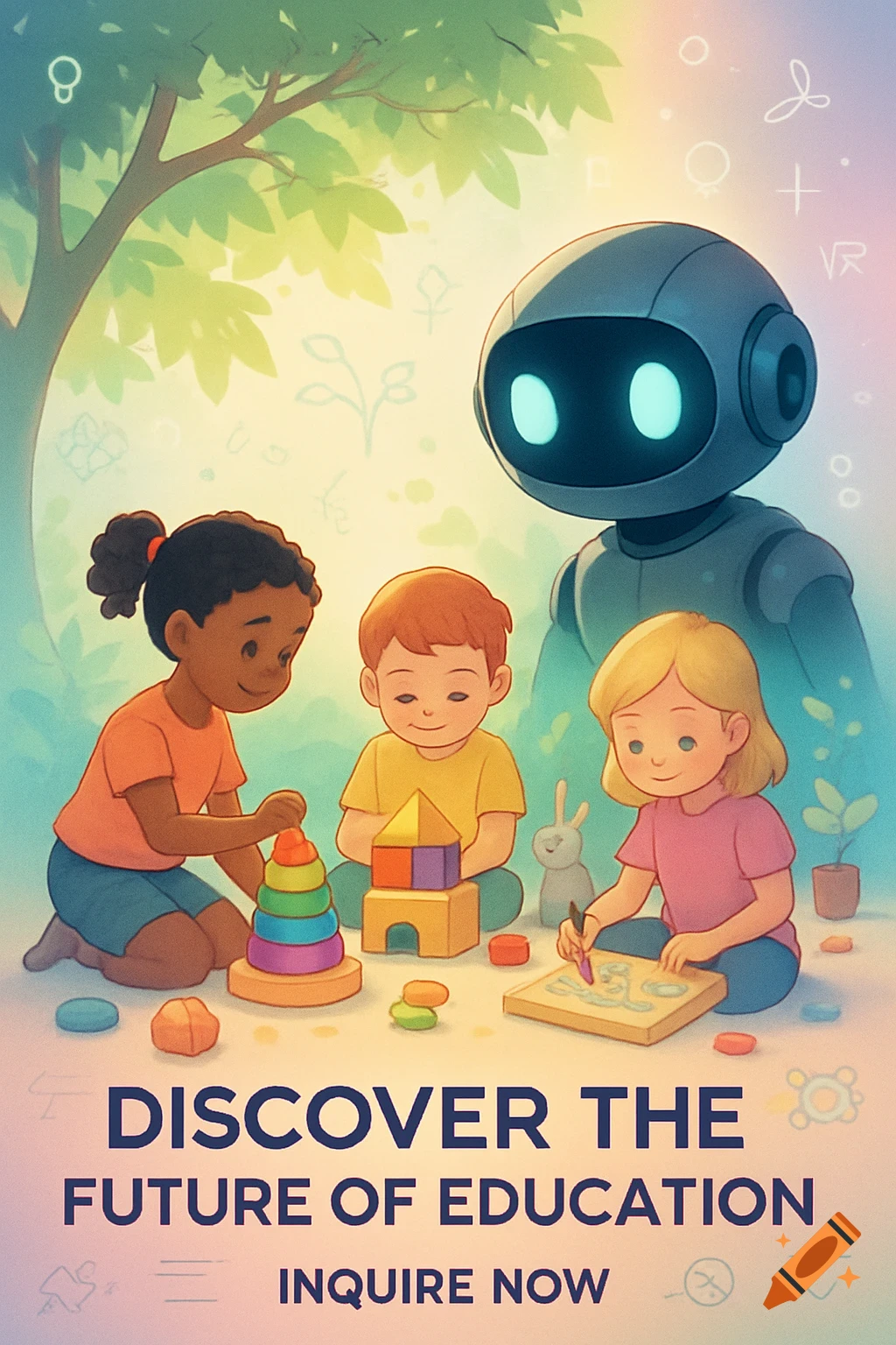 Cartoon poster: diverse children playing with educational toys, a friendly robot watching. Text: 'Discover the Future of Education, Inquire Now'.