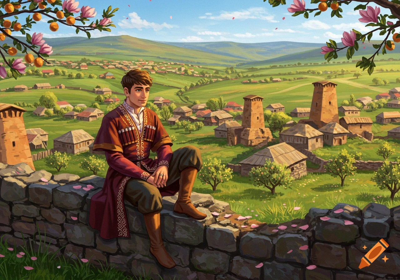 A young man in traditional attire sits on a stone wall overlooking a green valley with a village of stone houses and towers, framed by flowering trees.