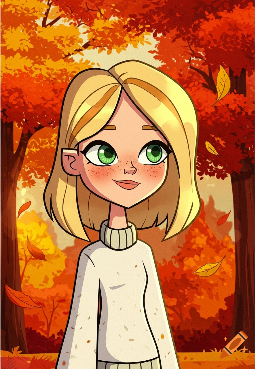 Cartoon blonde girl with green eyes and freckles in a white sweater against a backdrop of orange autumn trees with falling leaves.
