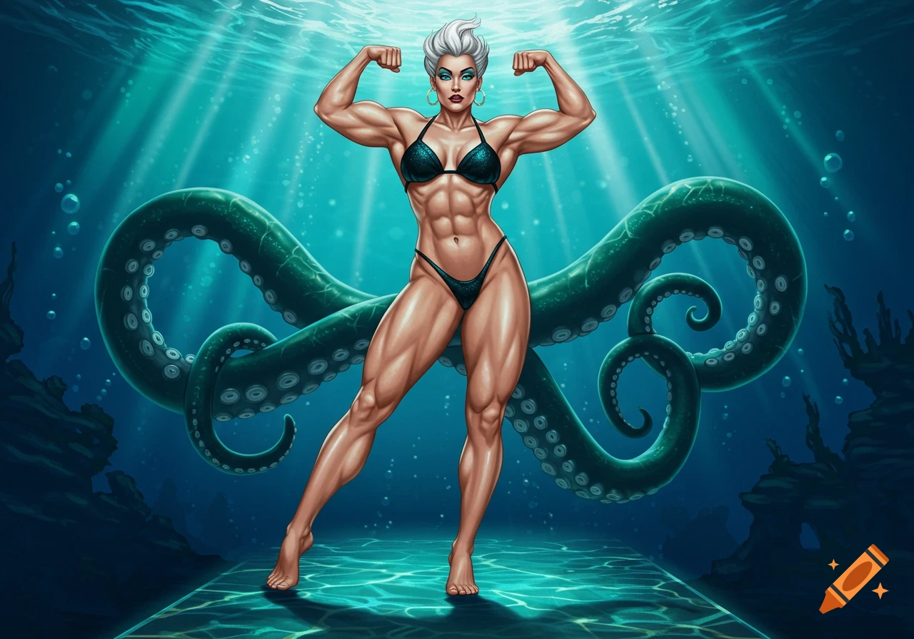 A stylized illustration of a muscular woman resembling Ursula, with white hair and pale skin, flexing her biceps underwater with green octopus tentacles behind her.