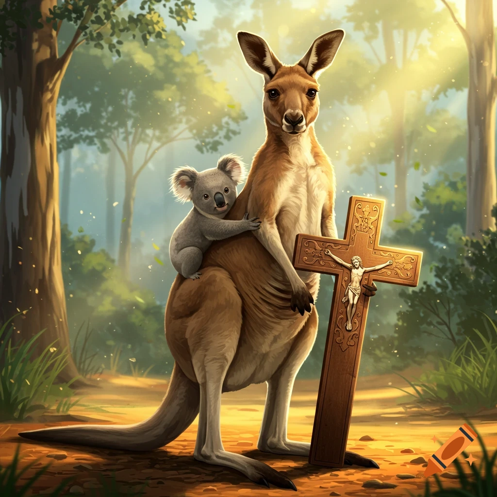 A kangaroo holding a large wooden Christian cross with Jesus on it, while a koala rides on its back through a sunlit forest.
