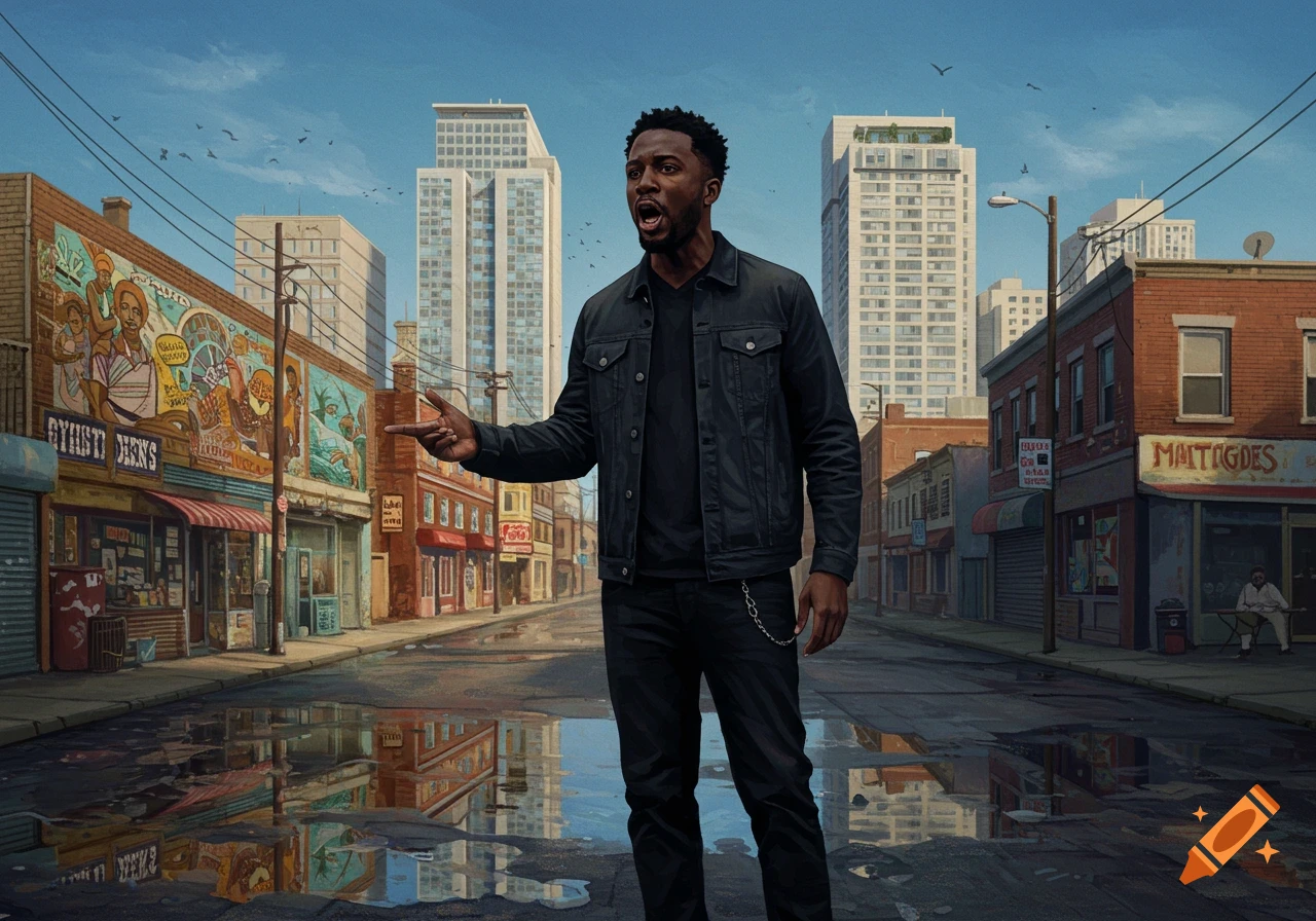 A man in a black jacket and jeans stands in the middle of a city street with murals and puddles, pointing and speaking. Skyscrapers rise in the background.