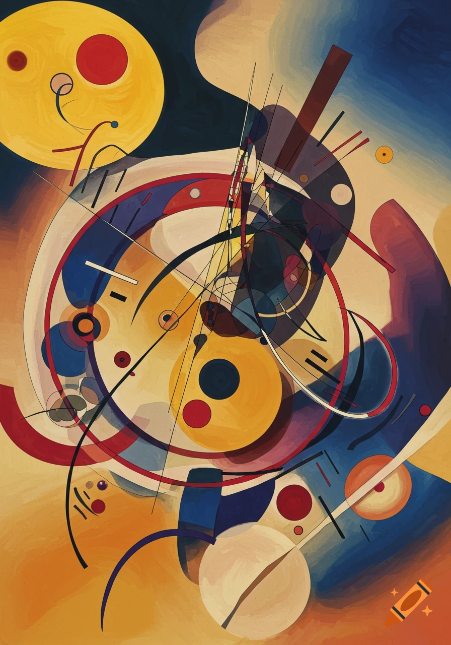 Abstract painting in Kandinsky style with yellow, red, and blue circles, lines, and shapes.
