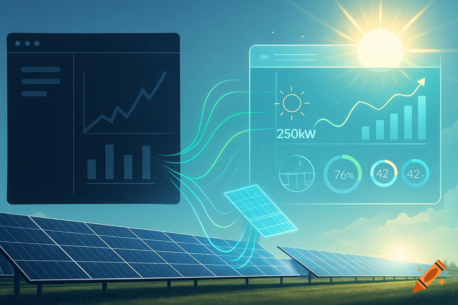 Digital illustration of a solar farm, connecting via data streams to a dark software box and a bright analytics dashboard.