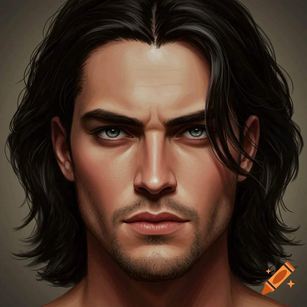 Digital painting of a man with long dark hair, blue-grey eyes, a strong nose, and a slight beard, looking seriously at the viewer.