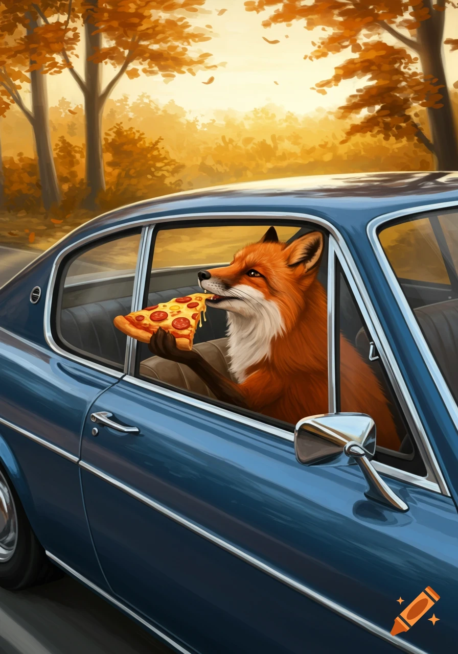 An anthropomorphic orange fox in a blue car is eating a slice of pepperoni pizza, set against a warm autumn background. Digital art.
