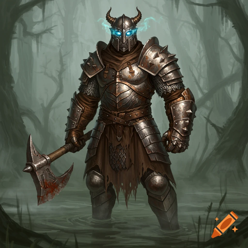 An armored fantasy warrior with glowing blue eyes and horned helmet, holding a bloody axe in a murky swamp.