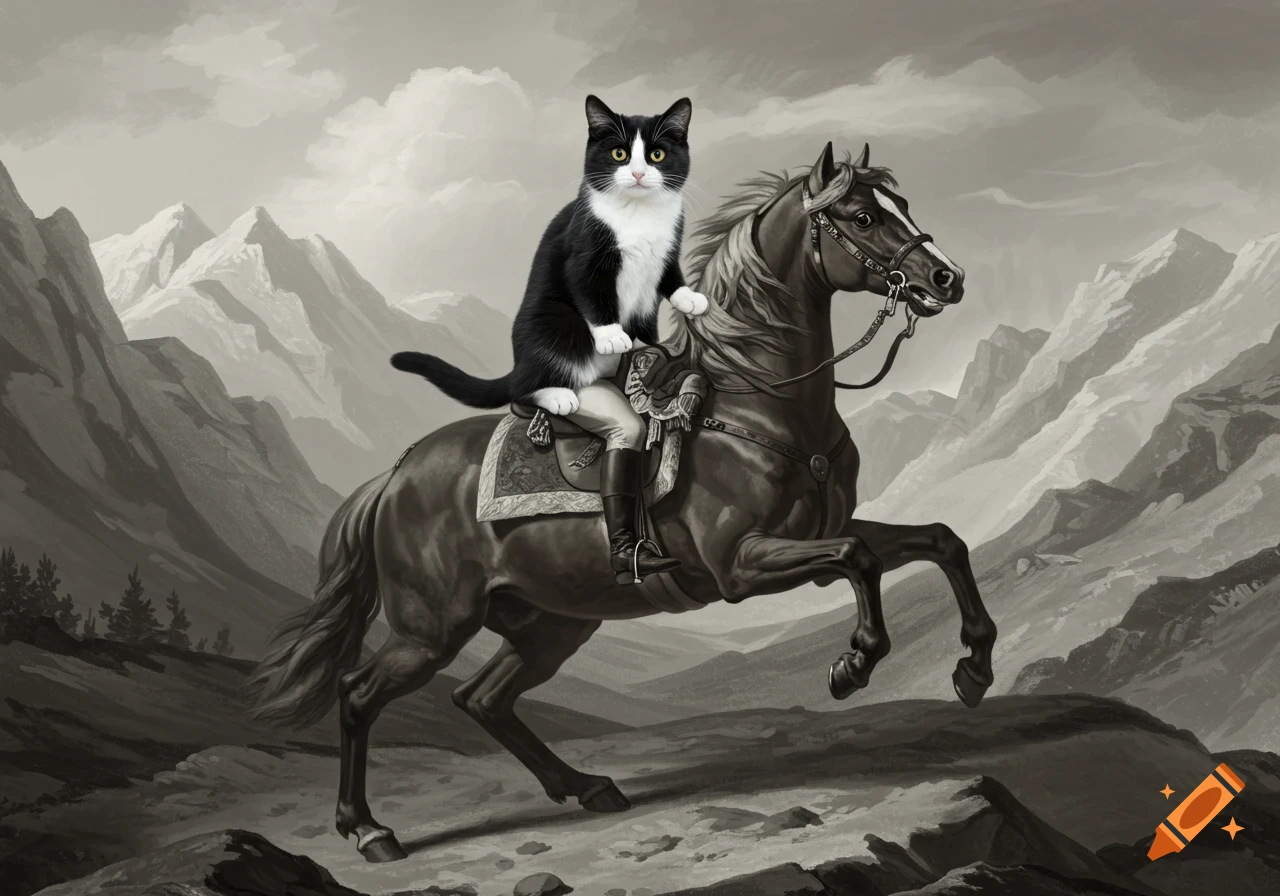 A black and white tuxedo cat rides a horse in a mountainous, grayscale landscape, styled like a historical painting.