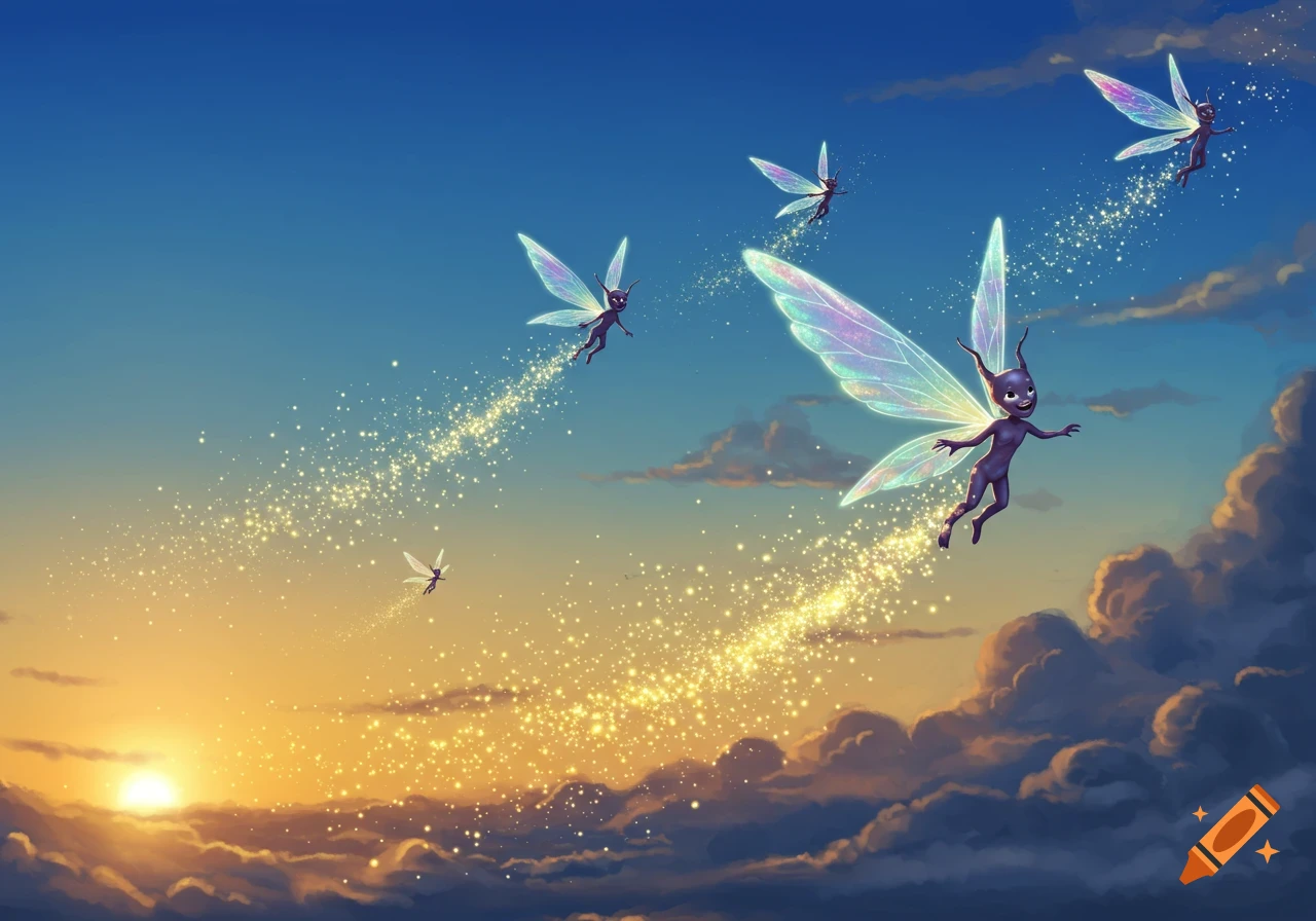 Five small, purple, fairy-like creatures with iridescent wings fly through a vibrant sunset sky, leaving sparkling trails.
