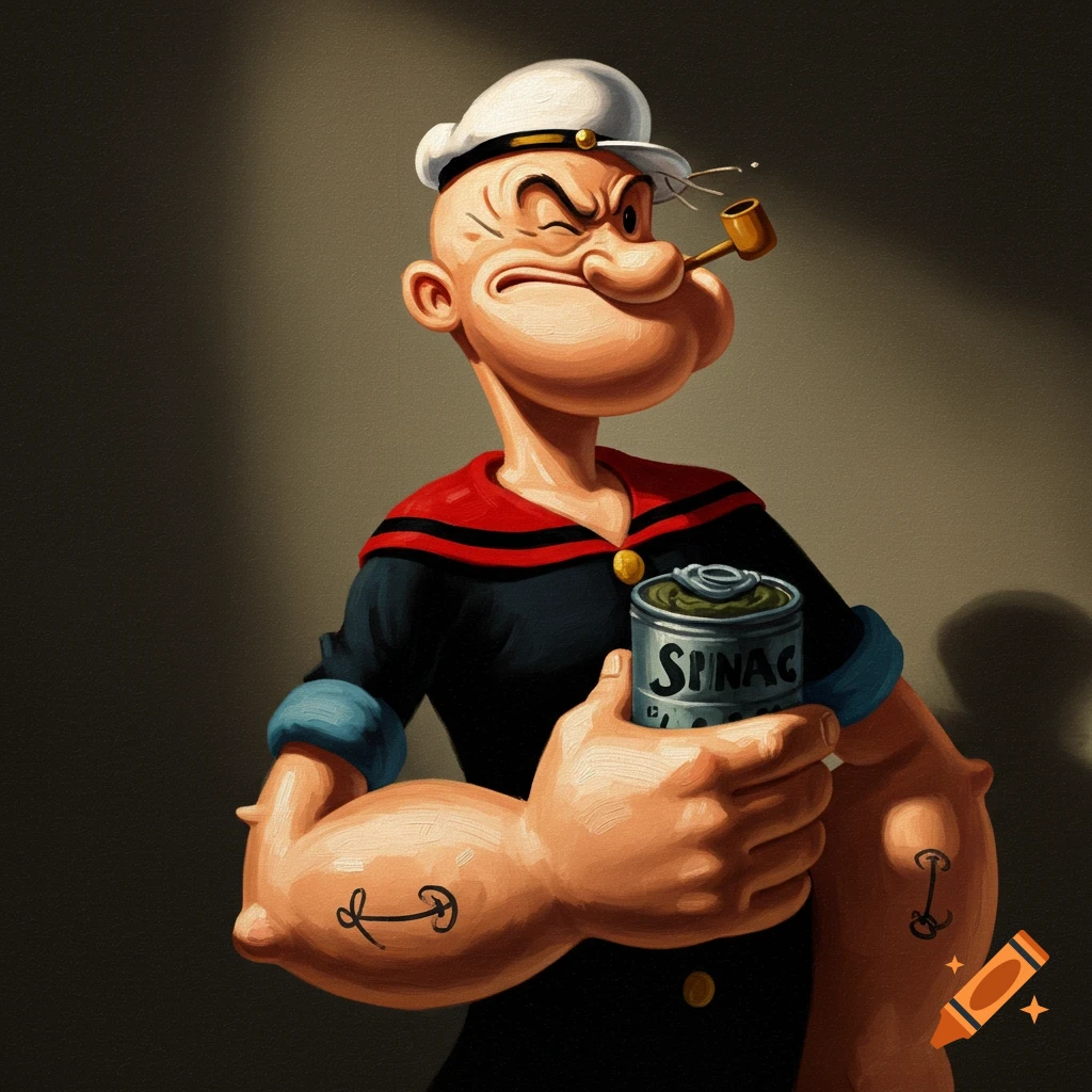 A determined, muscular Popeye the Sailor Man winks, holding a can of spinach in a dramatic chiaroscuro oil painting style.