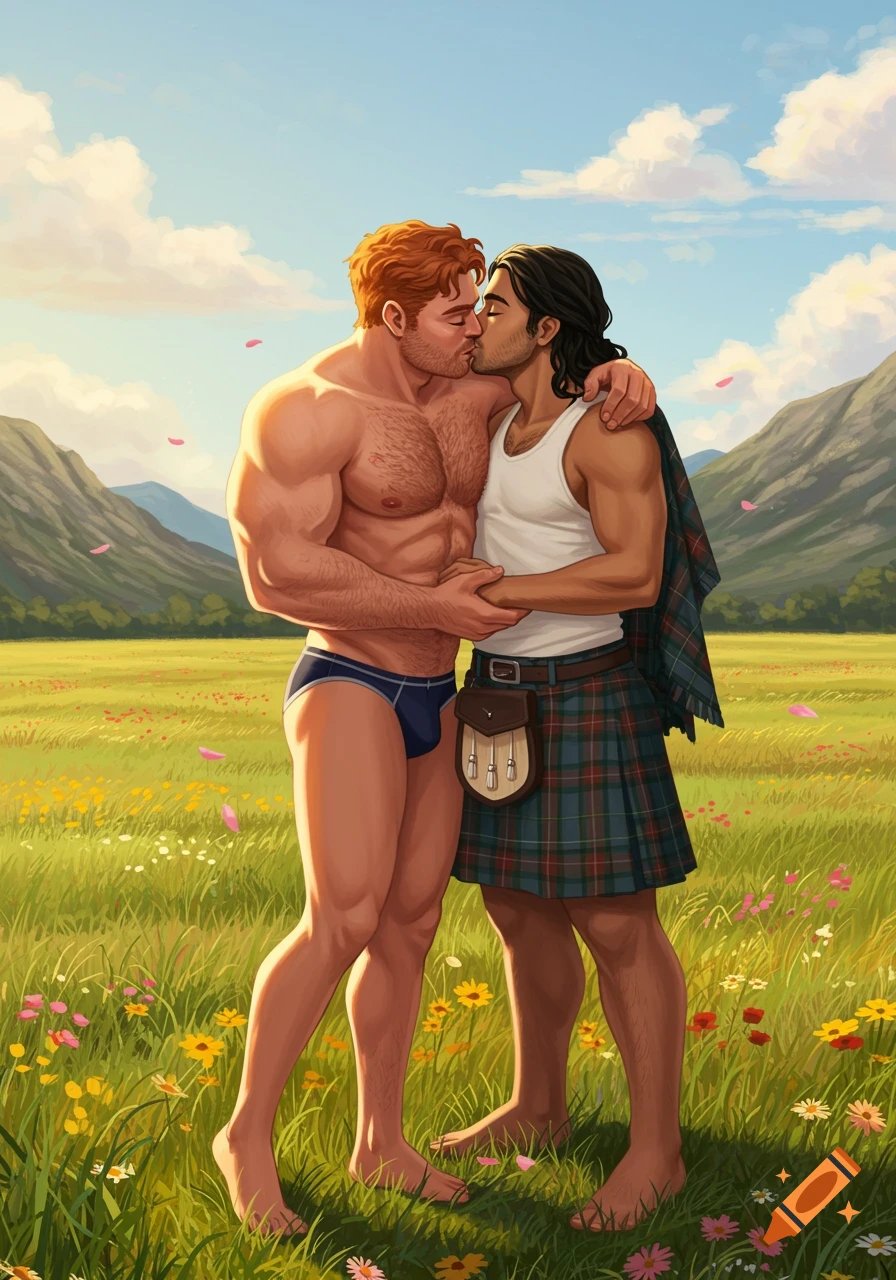 Two illustrated men kissing and embracing in a flowery field with mountains. One wears blue speedos, the other a kilt.