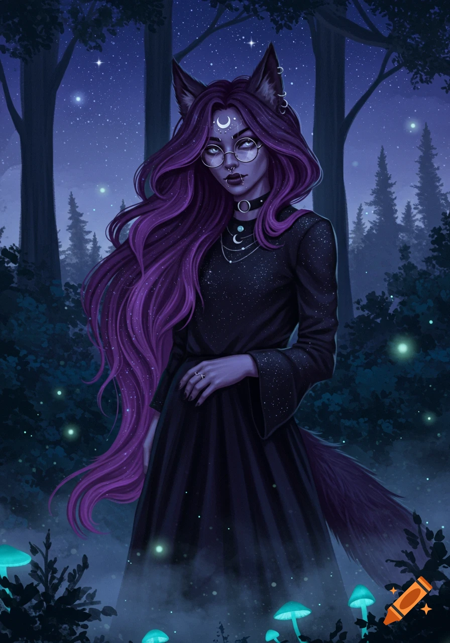 A purple-haired witch with wolf ears and tail, wearing glasses and a black dress, stands in a mystical night forest with glowing mushrooms.