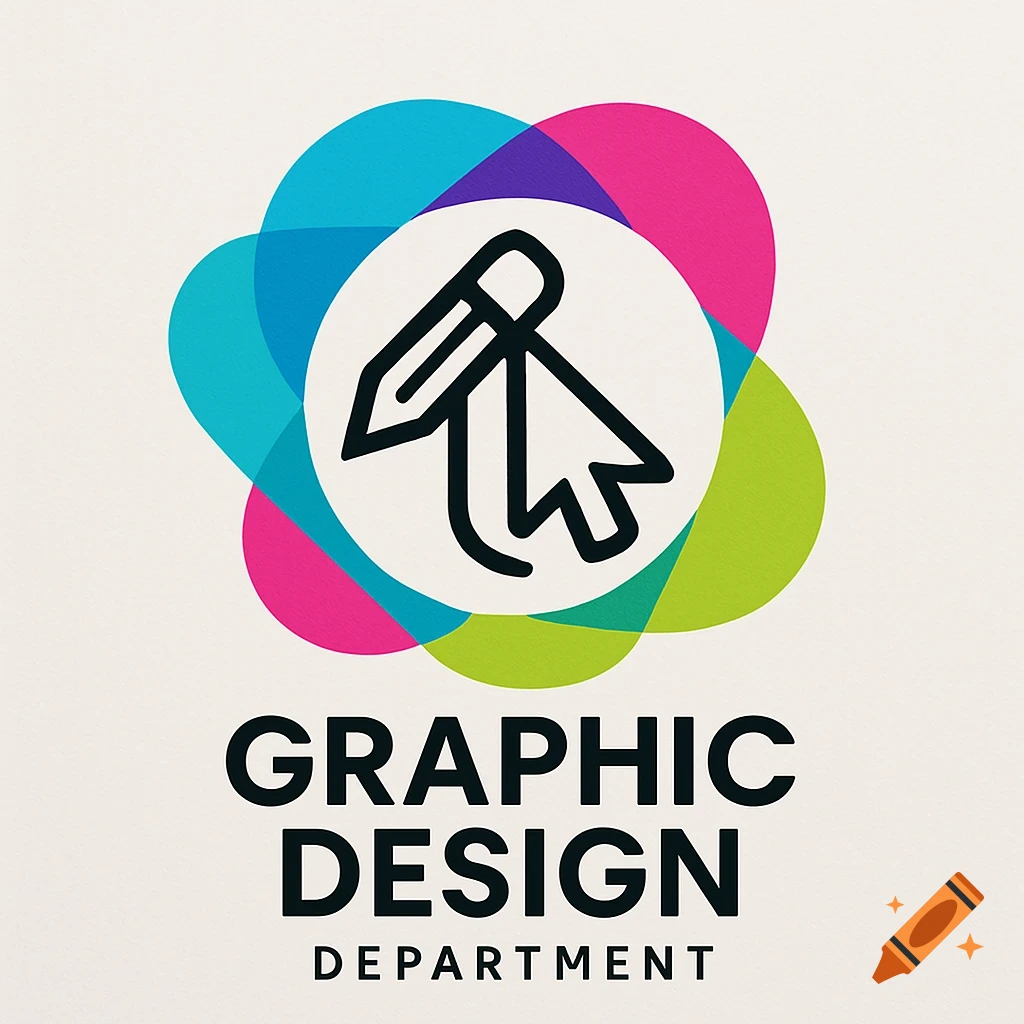 A colorful logo for a graphic design department featuring a pencil and mouse cursor icon surrounded by abstract shapes and text.