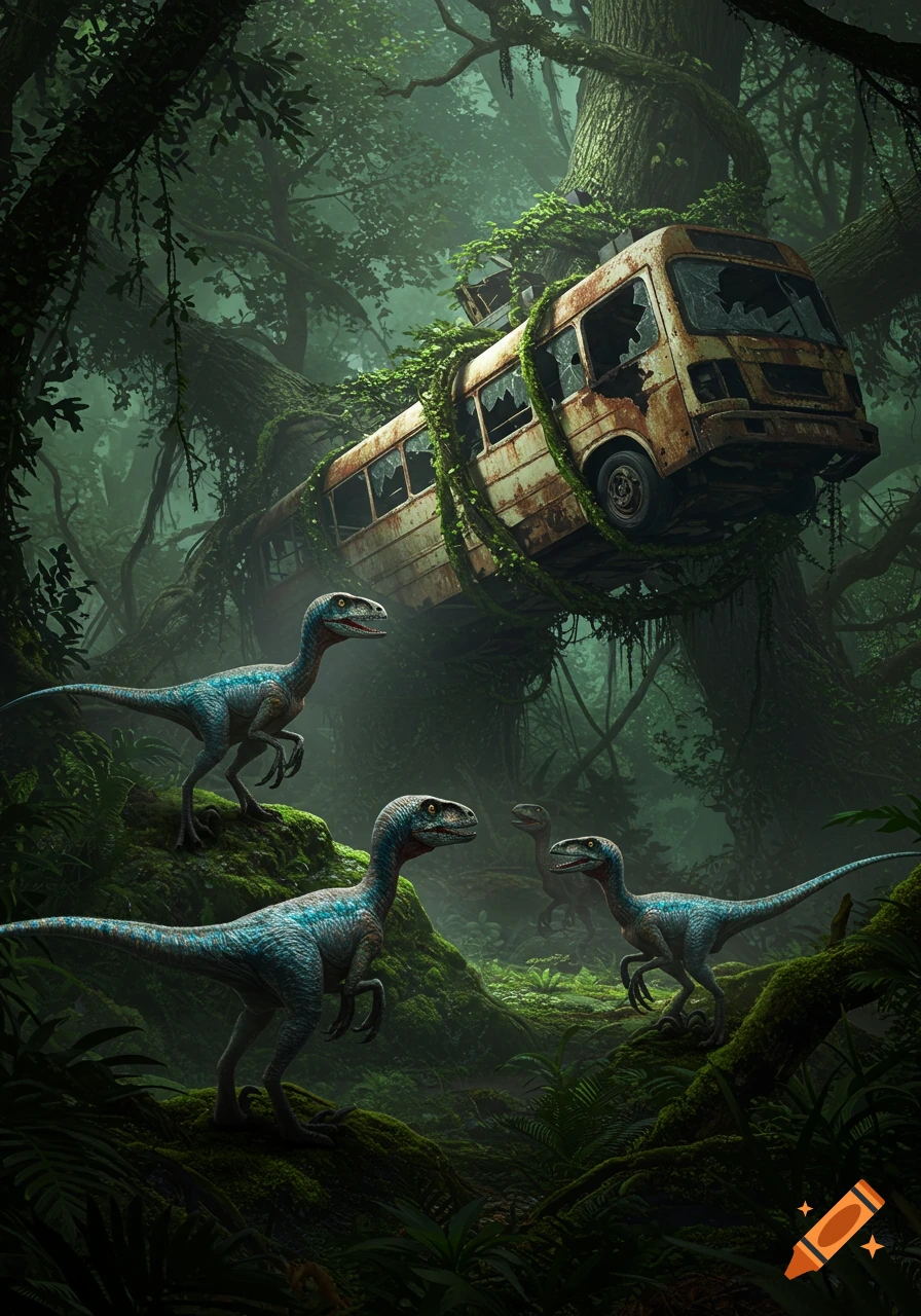A pack of blue-striped deinonychus dinosaurs in a lush, overgrown jungle, with a rusty, abandoned bus suspended high in the trees.