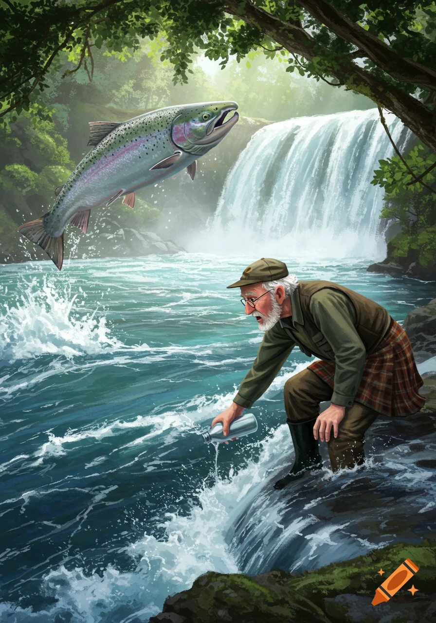 An illustration of an old man in a kilt reaching into a river near a waterfall as a large salmon leaps out of the water.