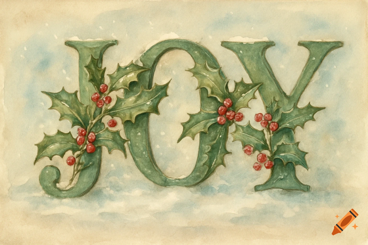 Vintage watercolor painting of the word JOY in green, adorned with holly and berries, on a snowy background.