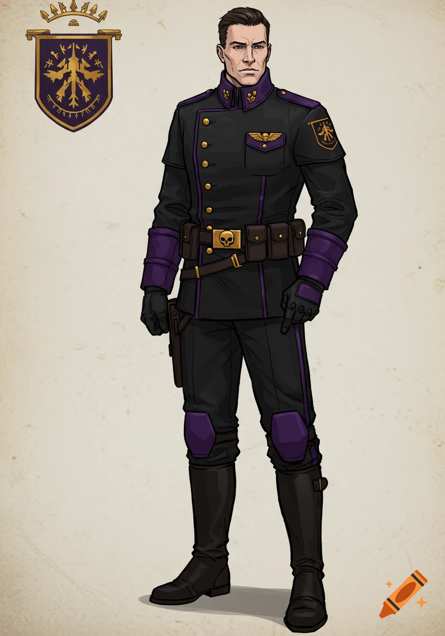 A man in a black and purple uniform with gold accents, a skull belt buckle, and two emblems stands against a plain background.