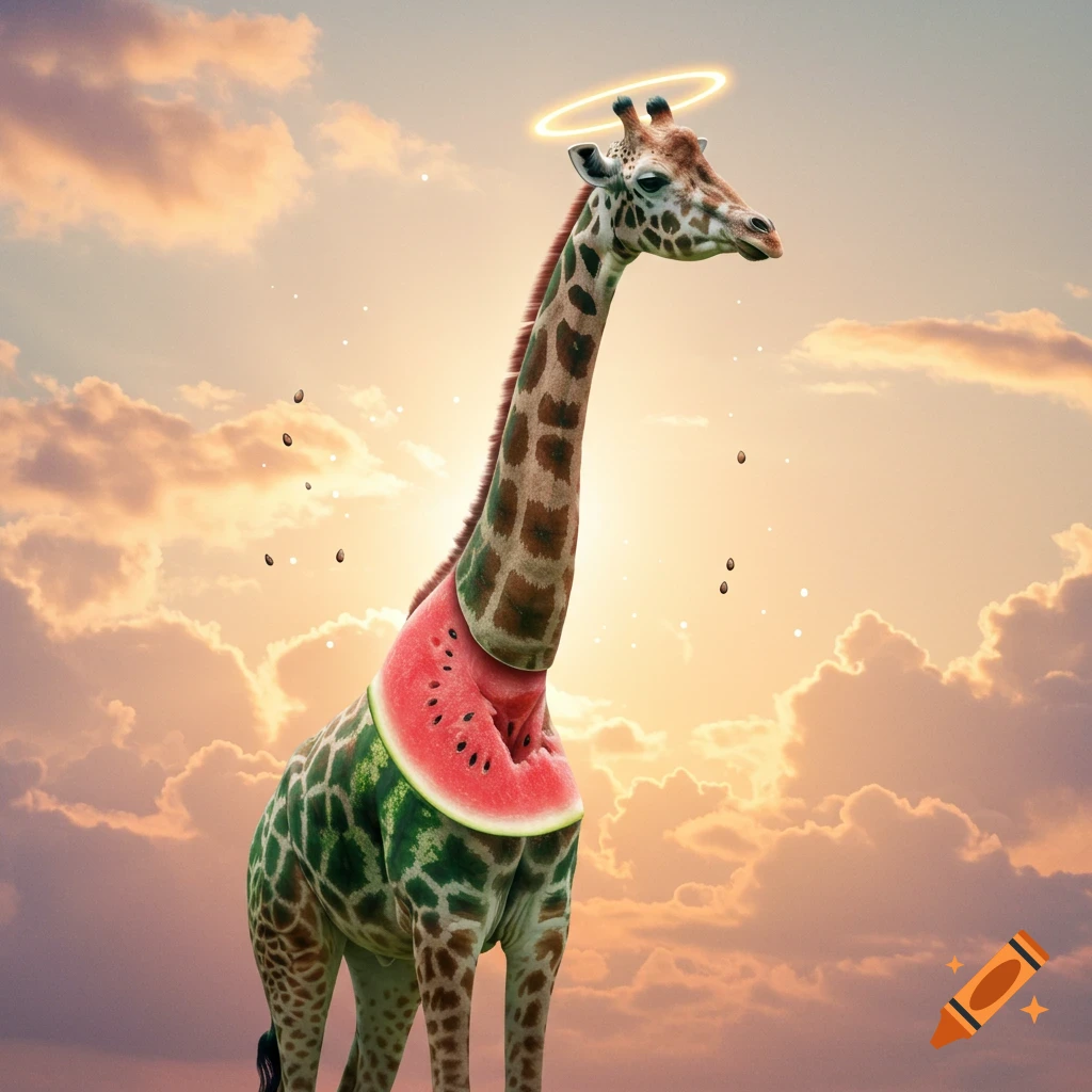 A surreal giraffe with a watermelon body and a halo stands under an orange cloudy sky with floating watermelon seeds.