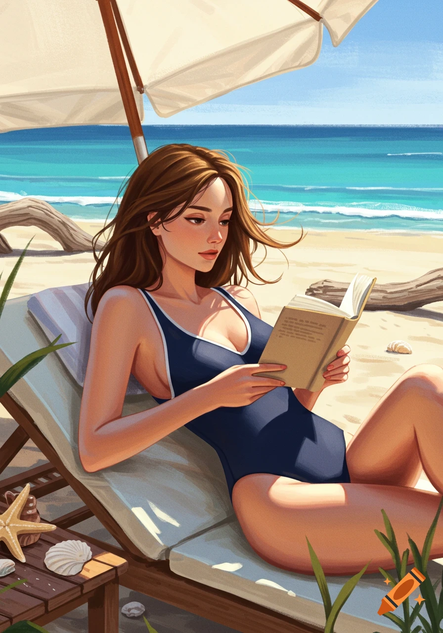 An illustration of a woman with brown hair in a navy blue one-piece swimsuit, relaxing on a beach chair under an umbrella, reading a book by the ocean.
