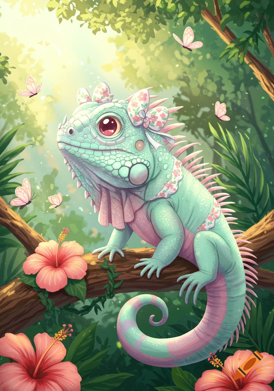 A colorful, cartoonish, light blue and pink iguana with doe eyes and bows, sitting on a branch surrounded by pink hibiscus flowers and butterflies in a lush jungle.