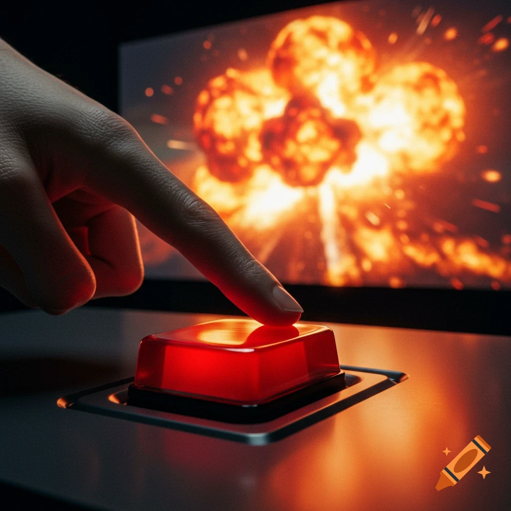 A finger poised to press a large red button, with an explosion displayed on a screen in the background.