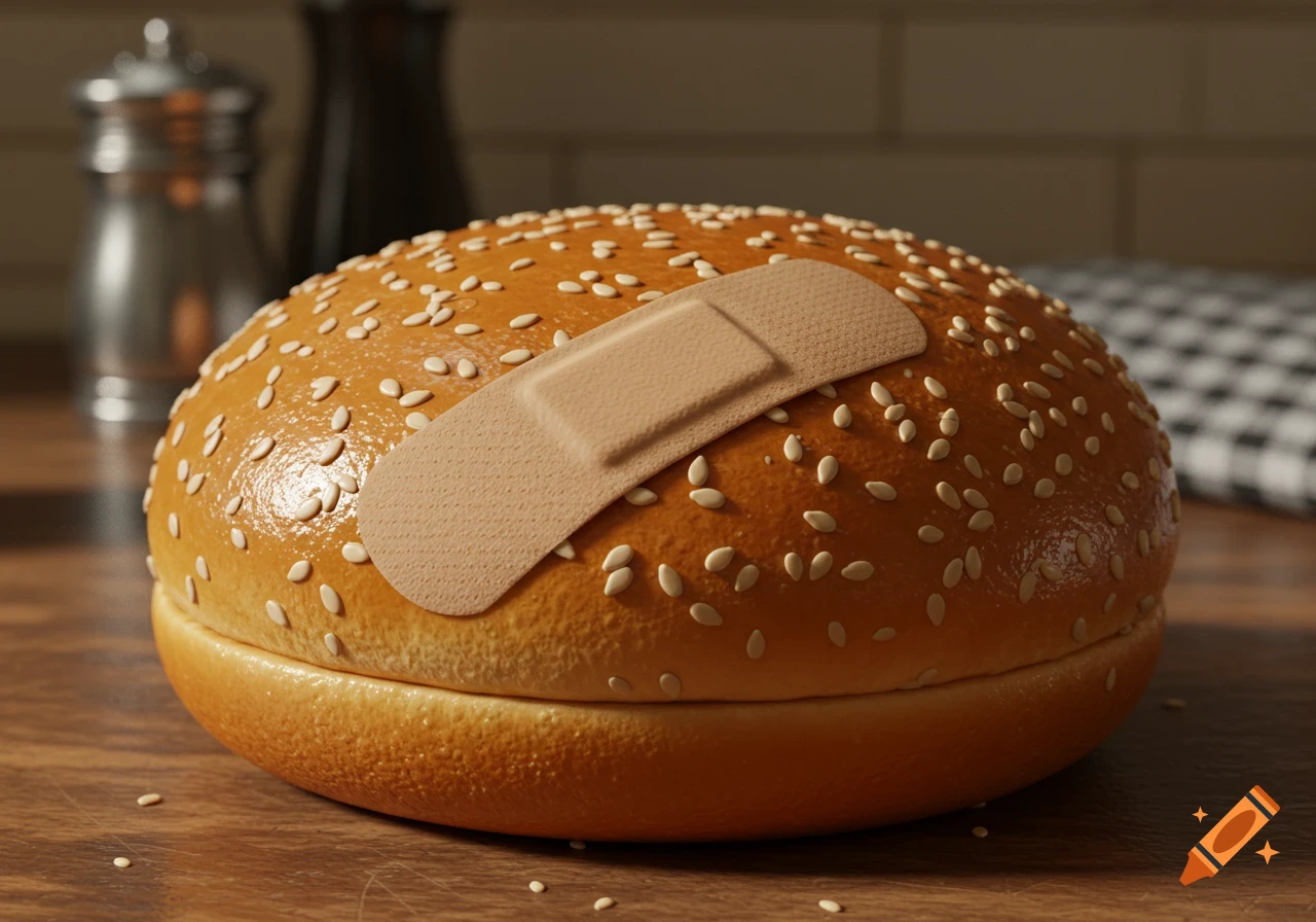 Photorealistic image of a sesame seed burger bun with a band-aid on top, resting on a wooden table.