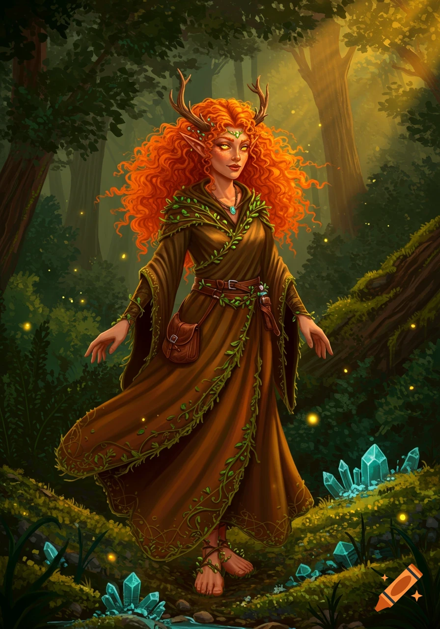 A vibrant digital painting of an Elven Druid woman with fiery red hair, antlers, and glowing eyes, wearing a vine-covered robe in an enchanted forest with blue crystals.
