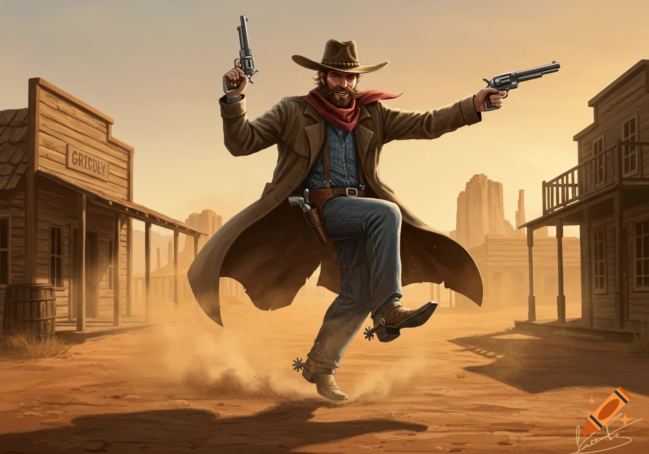A stylized illustration of a bearded cowboy in a long coat, hat, and bandana, dancing in a dusty Old West town, holding two revolvers.