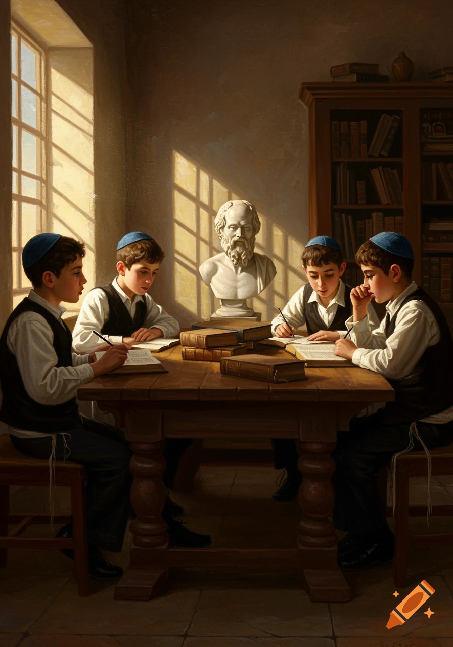 A classical painting of four young Jewish boys with kippahs studying at a wooden table, with a bust of Socrates and sunlight streaming through a window.