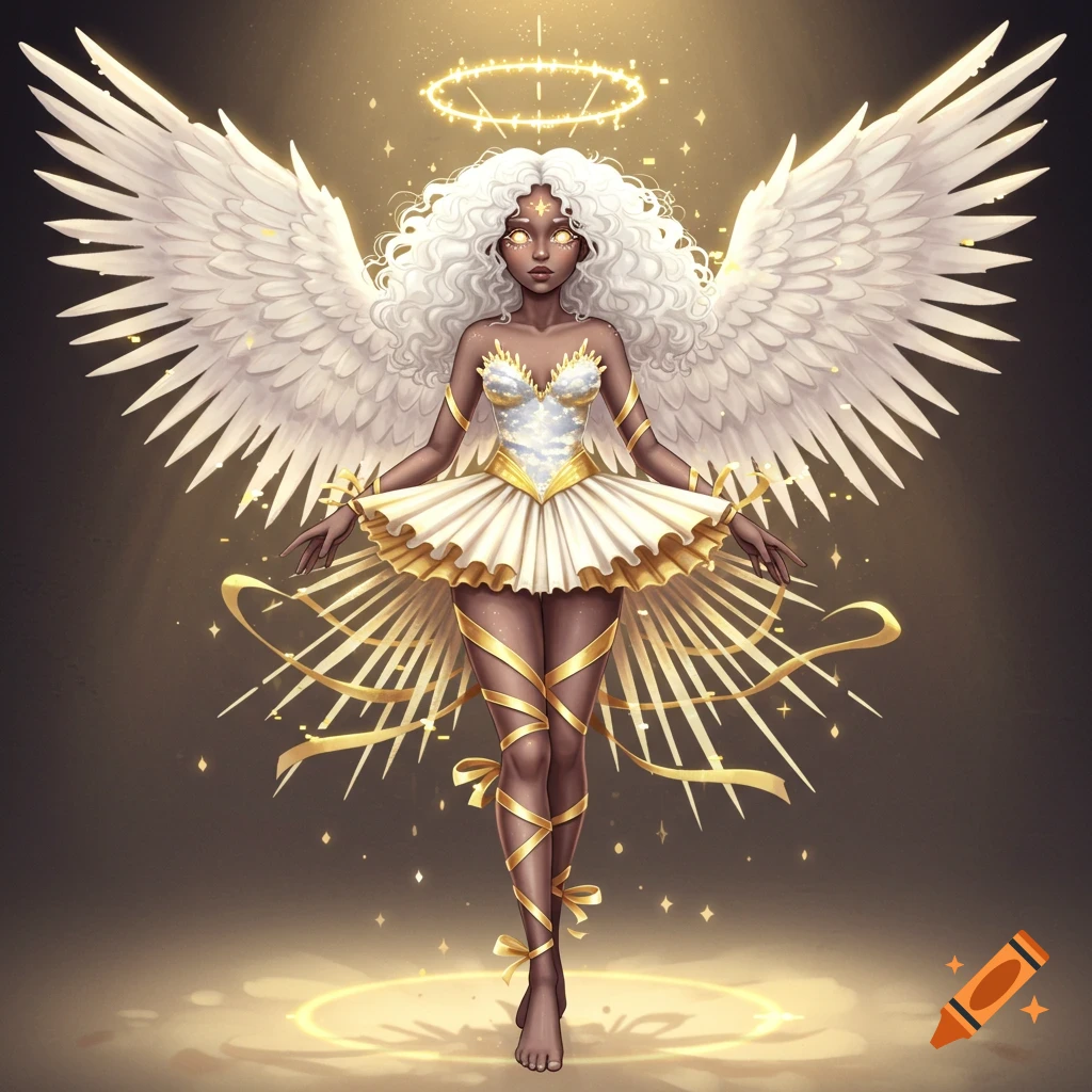 Stylized angelic woman with dark skin, white curly hair, large white wings, a gold halo, and a white and gold tutu dress with gold ribbons.
